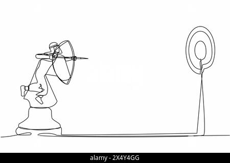 Ligne continue unique dessinant un homme d'affaires arabe précis tenant le tir à l'arc et la cible de visée tout en montant la pièce d'échecs de cheval. Concurrence stratégique. Su Illustration de Vecteur