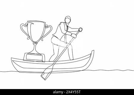 Simple une ligne dessinant homme d'affaires debout dans le bateau et voile avec trophée. Concept de compétition de sports nautiques. Prix de reconnaissance du championnat de voile Illustration de Vecteur