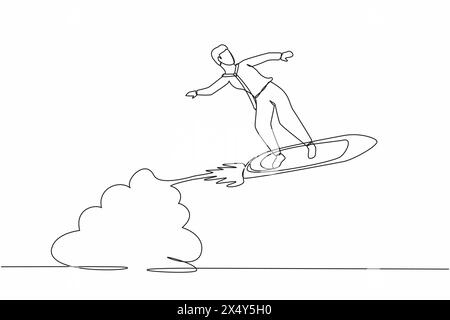 Simple une ligne dessinant homme d'affaires à cheval planche de surf fusée volant dans le ciel. Trader prospère sur le pic de rentabilité. Succès commercial. Conti Illustration de Vecteur