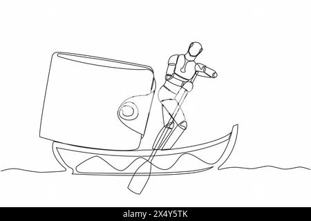 Robot dessinant une ligne continue unique naviguant sur un bateau avec sac à main. Gestion de l'argent dans la société de technologie. Développement technologique futur. Int artificiel Illustration de Vecteur