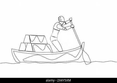 Robot de dessin de ligne continue unique naviguant loin sur le bateau avec pile de lingots d'or. Investissement en or dans la technologie numérique. Développement technologique futur Illustration de Vecteur