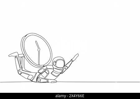 Dessin continu d'une ligne de l'astronaute sous le lourd fardeau de l'horloge de mur. Expédition Spaceman dans les délais et les délais, sous pression. Cosmonaute ou Illustration de Vecteur