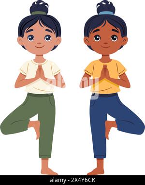 Enfant fille faisant de l'arbre de yoga pose Vrikshasana. Concept fitness. Illustration vectorielle plate sur blanc Illustration de Vecteur