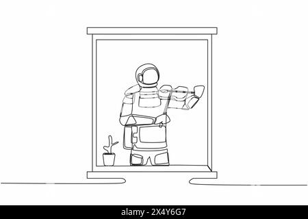 Ligne continue unique dessinant un jeune musicien astronaute debout près de la fenêtre et jouant du violon dans la chambre à la maison dans la surface de la lune. Cosmonaute de l'espace profond Illustration de Vecteur