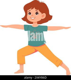 Enfant fille faisant yoga Warrior 2 ou Virabhadrasana II. Concept fitness. Illustration vectorielle plate Illustration de Vecteur