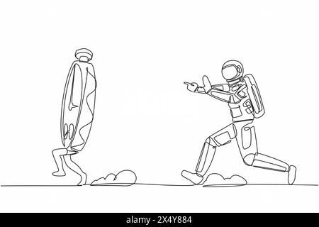 Une seule ligne dessinant astronaute courir chasse chronomètre dans la surface de la lune. Planification efficace pour le travail productif dans l'entreprise spatiale. Espace galaxique cosmique. C Illustration de Vecteur