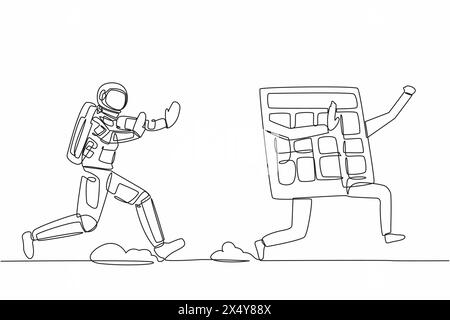 Simple une ligne dessinant jeune astronaute courir après la calculatrice dans la surface de la lune. Calcul des coûts de l'exploration spatiale. Espace galaxique cosmique. Conti Illustration de Vecteur