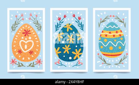 Carte de voeux joyeuses Pâques avec différents oeufs colorés et fleurs de printemps couleurs pastel carte de célébration de vacances horizontale Illustration de Vecteur