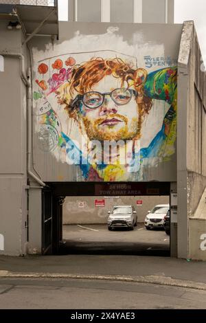 Dunedin, Nouvelle-Zélande - 9 septembre 2023 : murale colorée du musicien Ed Sheeran sur Bath Street, peinte par l'artiste local Tyler Kennedy stent, showcasin Banque D'Images