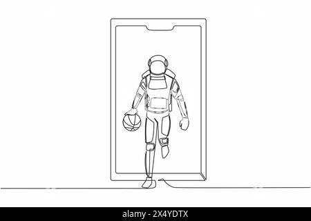 Continu une ligne dessinant astronaute joueur de basket-ball en cours d'exécution et dribble avec balle hors de l'écran du smartphone. App basket-ball. Cosmonaute externe spac Illustration de Vecteur