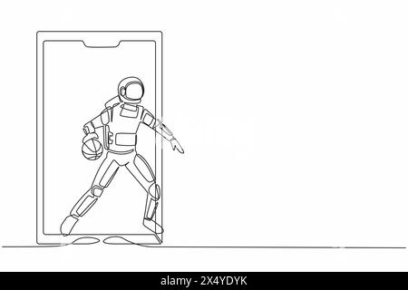 Continu une ligne dessinant astronaute joueur de basket-ball en cours d'exécution et dribble avec balle hors de l'écran du smartphone. Basket-ball en ligne. Cosmonaute extérieur s Illustration de Vecteur
