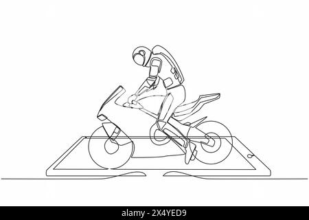 Continu une ligne dessinant jeune astronaute motard portant un casque, conduisant une moto sur l'écran du smartphone. Vélo de sport en ligne. Cosmonaute de l'espace extra-atmosphérique. Si Illustration de Vecteur