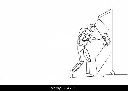 Une ligne continue dessinant l'astronaute poinçonnant et détruisant la porte. Dépeint l'élimination de la barrière d'entrée, surmonter les défis. Cosmonaute de l'espace extra-atmosphérique Illustration de Vecteur