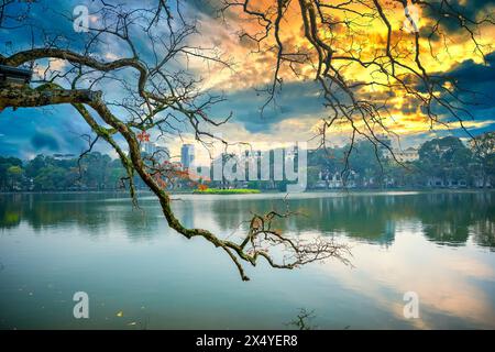 Branche de feuilles avec Tour de tortue sur la fondation du lac Ho Guom, le centre de Hanoi, de beaux paysages au printemps Banque D'Images