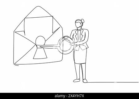 Une seule ligne dessinant la femme d'affaires a mis la clé dans le courrier. Sécurité Internet. SYSTEME de SECURITE de messages en ligne. Protection des informations personnelles. Contin Illustration de Vecteur