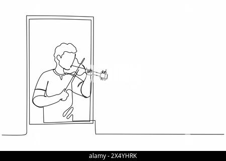 Ligne continue unique dessinant musicien masculin professionnel debout près de la fenêtre et jouant du violon dans une chambre confortable à la maison. Les gens qui restent à la maison en soi Illustration de Vecteur