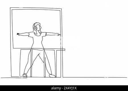 Continu une ligne dessinant jeune femme en bonne santé avec casque pratique yoga près de la fenêtre dans le balcon. Activité sportive, entraînement, exercice, fitness, ind Illustration de Vecteur