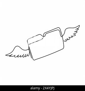 Classeur de documents volants à dessin en ligne continue unique avec ailes. Dossier de conception minimal avec des fichiers, symbole d'icône de papier. Concept de gestion de fichiers. Dynami Illustration de Vecteur