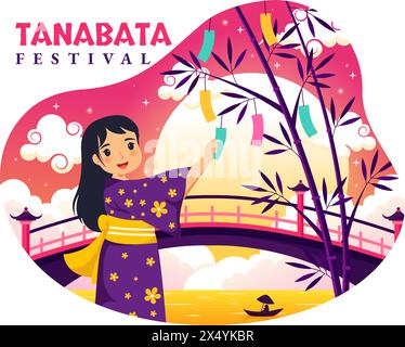 Tanabata Japan Festival illustration vectorielle avec des gens portant des fleurs de Kimono et de pivoines dans le fond de dessin animé mignon plat des fêtes nationales Illustration de Vecteur