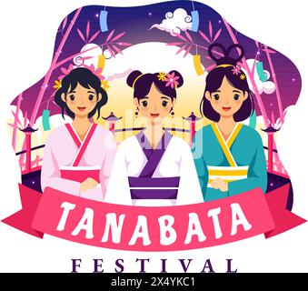 Tanabata Japan Festival illustration vectorielle avec des gens portant des fleurs de Kimono et de pivoines dans le fond de dessin animé mignon plat des fêtes nationales Illustration de Vecteur