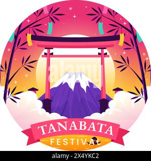 Tanabata Japan Festival illustration vectorielle avec des gens portant des fleurs de Kimono et de pivoines dans le fond de dessin animé mignon plat des fêtes nationales Illustration de Vecteur