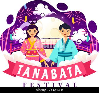 Tanabata Japan Festival illustration vectorielle avec des gens portant des fleurs de Kimono et de pivoines dans le fond de dessin animé mignon plat des fêtes nationales Illustration de Vecteur