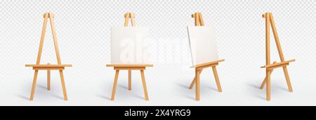 Ensemble 3D de chevalet est isolé sur fond transparent. Illustration réaliste vectorielle de trépied en bois avec toile blanche vierge, vue de face et de côté, studio d'art ou éléments de conception d'école de peinture Illustration de Vecteur