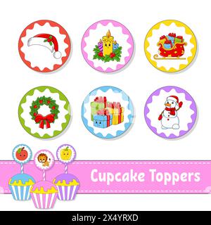 Garnitures pour cupcakes. Ensemble de six photos rondes. personnages de dessins animés. Image mignonne. Pour l'anniversaire, baby shower. Isolé sur fond blanc. Illustration vectorielle Illustration de Vecteur