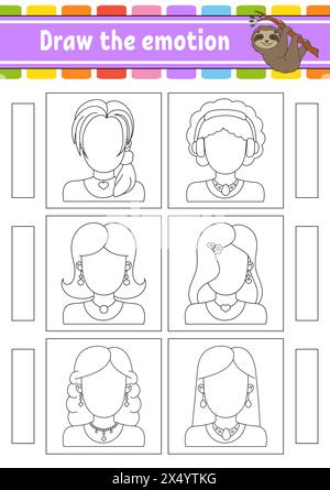 Dessinez l'émotion. Feuille de travail complétez la face. Livre de coloriage pour enfants. Caractère joyeux. Illustration vectorielle. Silhouette de contour noir. Vecteur illus Illustration de Vecteur