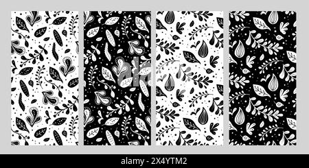 Motifs vectoriels d'art folklorique sans couture avec fleurs, design floral noir et blanc. Fond sans fin de style folklorique Neo parfait pour la conception textile. Illustration de Vecteur