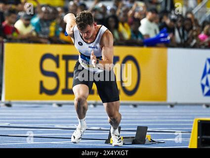 Nassau, Bahamas. 05 mai 2024. Le belge Kobe Vleminckx photographié lors de la 2e ronde de qualification masculine 4x100m (repêchage) aux Relais du monde d'athlétisme de l'IAAF, dimanche 05 mai 2024, au stade national Thomas A. Robinson à Nassau, aux Bahamas. BELGA PHOTO ERIK VAN LEEUWEN crédit : Belga News Agency/Alamy Live News Banque D'Images