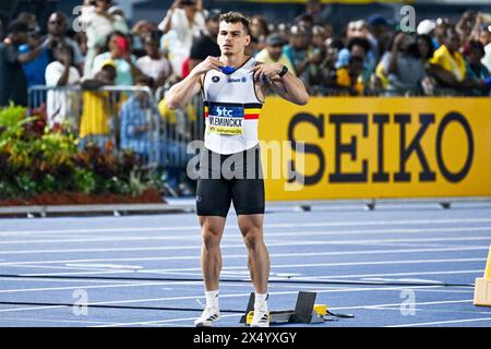 Nassau, Bahamas. 05 mai 2024. Le belge Kobe Vleminckx photographié lors de la 2e ronde de qualification masculine 4x100m (repêchage) aux Relais du monde d'athlétisme de l'IAAF, dimanche 05 mai 2024, au stade national Thomas A. Robinson à Nassau, aux Bahamas. BELGA PHOTO ERIK VAN LEEUWEN crédit : Belga News Agency/Alamy Live News Banque D'Images