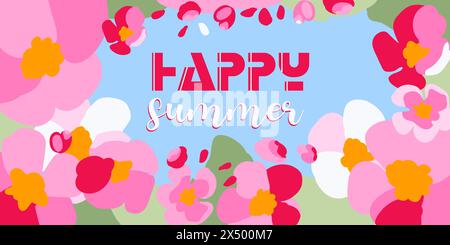 Joyeux été, cadre d'affiche, fleurs de pomme rose, feuillage de sakura luxuriant, fleur blanche simple, modèle de carte de plante, cadre horizontal, papier peint, tissu, tissu, vecteur mignon de papier peint Illustration de Vecteur
