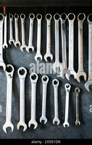 Jeu de clés mixtes dans un atelier de réparation automobile. Mécaniciens réparant, entretenant la voiture dans le garage. Banque D'Images