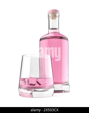 Bouteille en verre et un verre de gin rose ou de vodka sur fond blanc Banque D'Images