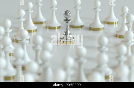 illustration 3d de nombreux pions blancs plus un métallique au milieu. Concept de devenir une personne meilleure ou différente avec l'auto-amélioration. Banque D'Images