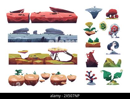 Eléments de sol de niveau jeu. Jeu de plateforme de dessin animé tileset, actif de jeu vidéo fantastique avec des pierres, souche d'arbre, herbe et rochers. Ensemble isolé de vecteur Illustration de Vecteur