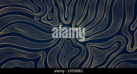 Motif d'onde abstrait de ligne vectorielle, carte de texture organique, graphique moderne de topographie. Formes d'art géométrique, illustration numérique courbe. Or sur bleu foncé Illustration de Vecteur