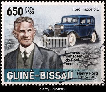 Henry Ford et voiture vintage modèle B sur timbre-poste Banque D'Images