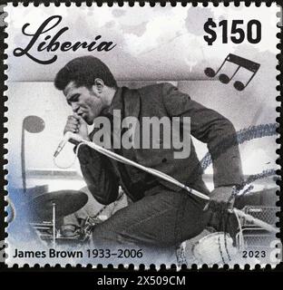 James Brown en concert sur timbre-poste du Libéria Banque D'Images