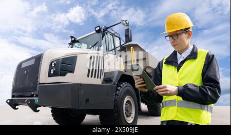 Homme travailleur avec tablette ordinateur se tient à côté du camion minier.. Banque D'Images