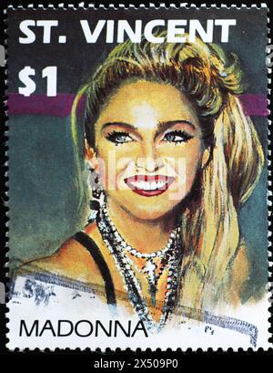 Chanteuse Madonna sur timbre de Saint Vincent Banque D'Images