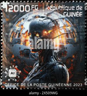 Intelligence artificielle interprétée avec une illlustration sur timbre de Guinée Banque D'Images