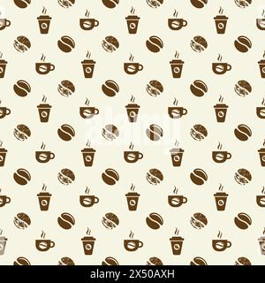 Fond blanc de modèle sans couture avec des grains de café et des tasses Illustration de Vecteur