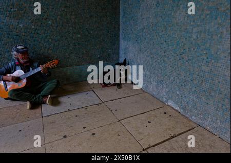 Un homme âgé tape sa guitare pour des dons, assis dans un passage souterrain, avec son chien noir se prélassant à proximité. Banque D'Images