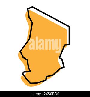 Carte simplifiée du pays Tchad. Silhouette orange avec contour net noir épais isolé sur fond blanc. Icône vectorielle simple Illustration de Vecteur