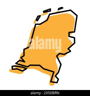 Carte simplifiée des pays-Bas. Silhouette orange avec contour net noir épais isolé sur fond blanc. Icône vectorielle simple Illustration de Vecteur