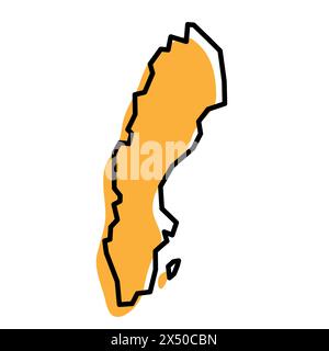 Carte simplifiée du pays de Suède. Silhouette orange avec contour net noir épais isolé sur fond blanc. Icône vectorielle simple Illustration de Vecteur