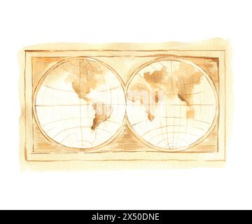 aquarelle vieille carte du monde texturée, carte vintage brun et beige avec des continents, illustration de géographie antique et outil de cartographie isolé sur whi Banque D'Images