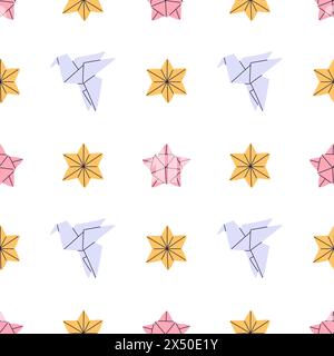 Motif sans couture d'origami de dessin animé. Oiseaux et étoiles en papier plié. Grue japonaise. Impression répétée. Symbole d'amitié et de bonne chance. Roue à épingles faite à la main. GE Illustration de Vecteur